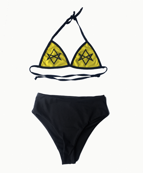 Yellow and Black Unicursal Hexagram Bikini Top